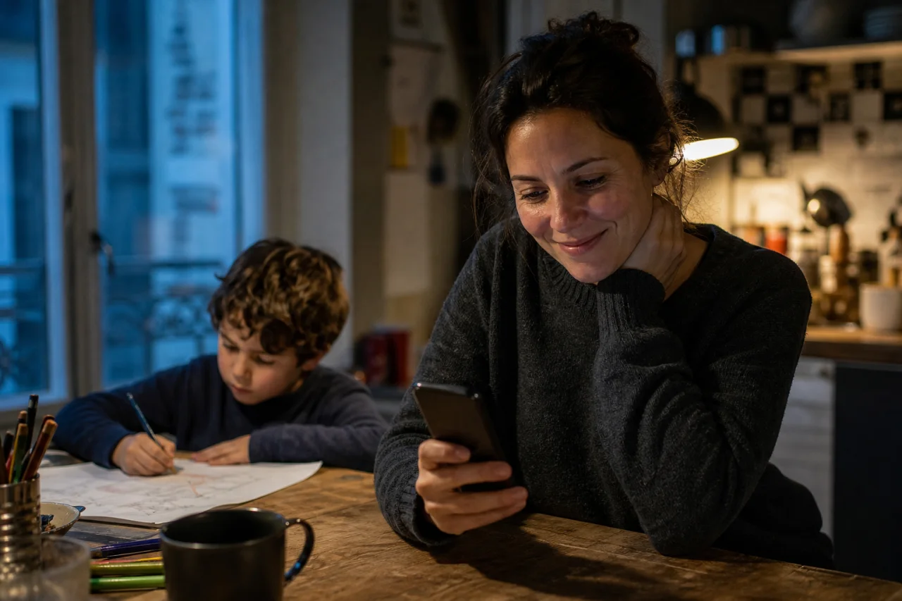 Une mère lit un message sur son téléphone pendant que son enfant dessine à la table familiale.