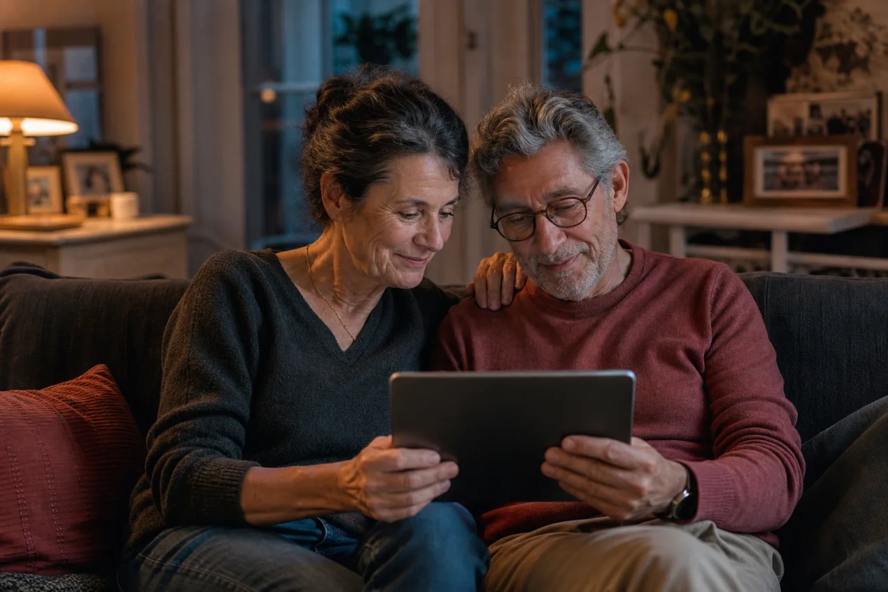 Un couple lit avec émotion un message familial sur une tablette dans son salon.
