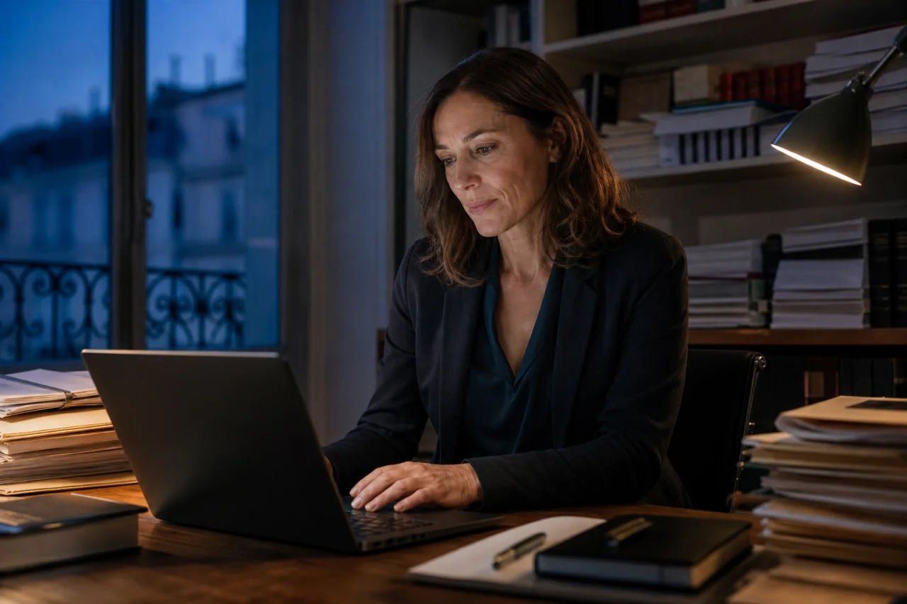 Une avocate consulte un message confidentiel sur son ordinateur dans son cabinet.